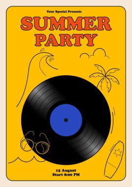 Yaz partisi müzik festivali poster şablonu. Vinil plak ve el çizimi sanatı. Davetiye, broşür, baskı, afiş, broşür, broşür, ilan, reklam, vektör illüstrasyonu için kullanılabilir