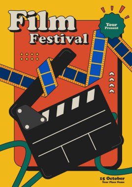 Film ve film festivali poster tasarımı. Turuncu arka planda eğri çizgileri olan el bilgisayarı ve film şeridi. Broşür, broşür, broşür, baskı, vektör illüstrasyonu için kullanılabilir