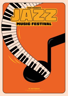 Caz festivali poster şablonu tasarım geçmişi. Piyano klavyesi ve müzik notaları minimum düzeyde. Yazdırma, broşür, broşür, broşür, broşür, davetiye, vektör ilülasyonu için tasarım ögesi kullanılabilir