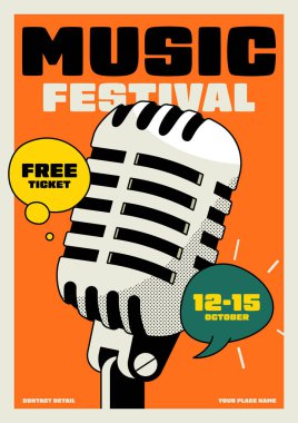 Caz müzik festivali poster şablonu tasarım arka planı. Retro mikrofon antika tarzı. Tasarım ögesi pankart, broşür, broşür, broşür, broşür, baskı, reklam, vektör illüstrasyonu için kullanılabilir