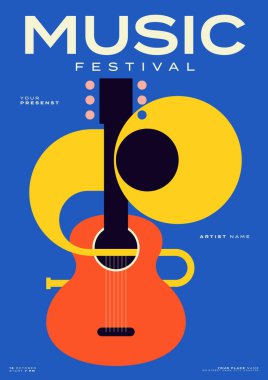 Müzik caz festivali poster şablonu tasarım geçmişi. Akustik gitar ve tuba minimal stil. Yazdırma, broşür, broşür, broşür, el ilanı, davet, vektör illüstrasyonu için tasarım ögesi