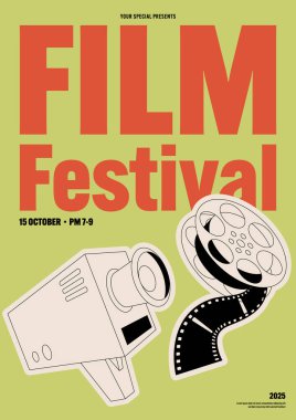 Film ve film festivali afiş tasarımı, film makarası ve yeşil arka planda retro kamera. El ilanı, afiş, broşür, baskı, reklam, vektör illüstrasyonu için kullanılabilir