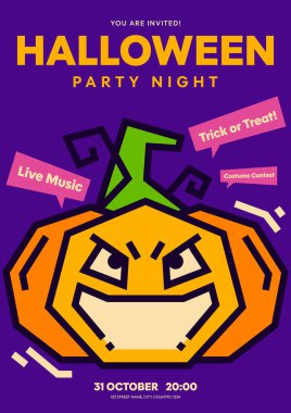 Cadılar Bayramı partisi davet afiş şablonu tasarımı kalın ana hatlı balkabağı düz tasarım, vektör illüstrasyonu