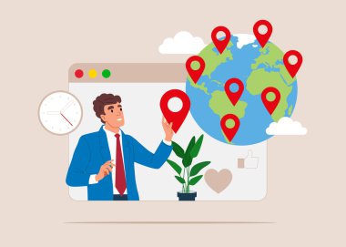 Elinde küreyle iş adamı. küresel iş konsepti. düz vektör tasarımı 