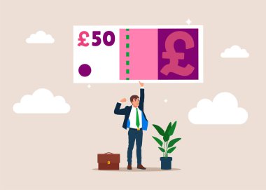  Kendine güveni tam bir işadamı İngiliz sterlininin ağırlığını kaldırıyor. Yatırım finansal okur yazarlığı, yatırım uzmanı, daha fazla para kazanma çabası. Düz vektör illüstrasyonu.