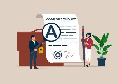  Business team writing code of conduct document. Ethical policy, regulation, principles guideline for work responsibility, compliance document. Flat vector illustration. clipart