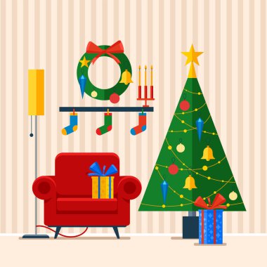 Noel ağacı ve süsleme. Hediyeler ve ışıklar. Noel odasının içi. Düz vektör illüstrasyonu.