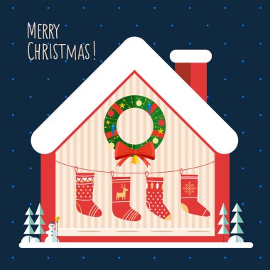 Karla kaplı bir Noel evi. Mobilyaları, hediyeleri, ışıkları, süslemeleri, şöminesi, Noel ağacı olan bir ev. Düz modern biçim vektör çizimi.