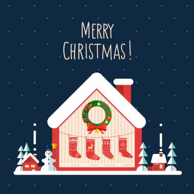 Karla kaplı bir Noel evi. Mobilyaları, hediyeleri, ışıkları, süslemeleri, şöminesi, Noel ağacı olan bir ev. Düz modern biçim vektör çizimi.