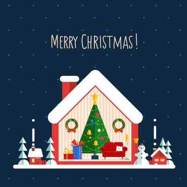 Karla kaplı bir Noel evi. Mobilyaları, hediyeleri, ışıkları, süslemeleri, şöminesi, Noel ağacı olan bir ev. Düz modern biçim vektör çizimi.