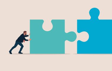 İş adamı bulmaca sembolü basıyor. Düz modern vektör illüstrasyonu.