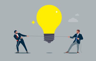 İki işadamı ortak çekiş lambası sembolü taşıyor. Düz modern vektör illüstrasyonu.