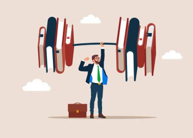 İş adamı ağırlık kaldırır, halter kitaplardan oluşur. Düz modern vektör illüstrasyonu.