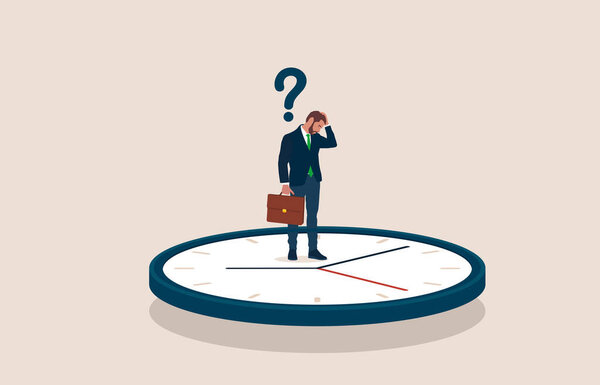 Businessman standing on the clock. Flat modern vector illustration 