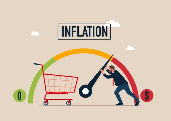 Businessman Trying Keep Meter Maximum Values Regulates Rising Inflation Indicator — Stock Vector