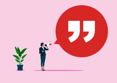 İş adamı konuşma yapıyor. İş motivasyon konuşması, konuşma. Alıntı, mesaj, duyuru sembolü. Düz modern vektör 