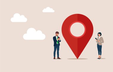 Akıllı telefonları ve büyük konum şifresi olan iş adamı ve iş kadını, düz vektör illüstrasyonu 