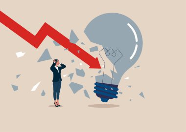 businesswoman with broken light bulb and arrow down. business and problem concept.