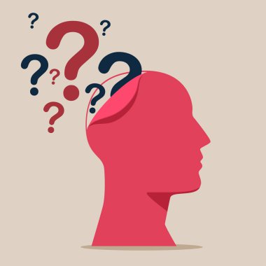  İnsan kafası silueti ve soru işaretleri, düz vektör tasarımı 