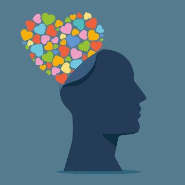  İnsan kafası silueti ve renkli kalpler, düz vektör tasarımı