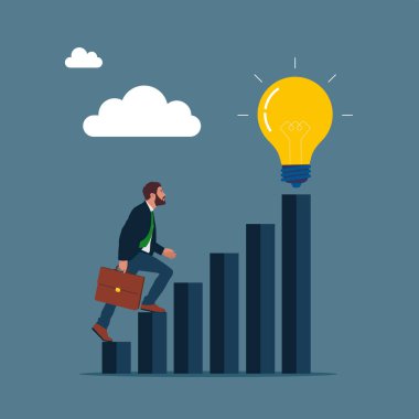  İşadamı, planda başarı elde etmek için merdivenlerden yukarı çıktı. Kâr kavramı, büyüyen iş grafiği. Finansal büyüme grafiğini yönetir. Sembol liderliği, strateji, görev, hedefler.      