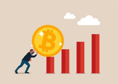  Bitcoin satmaya çalışan bir iş adamı. İş kârı artıyor. Modern düz vektör illüstrasyonu