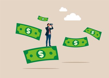  Dürbünü olan iş adamı dolar banknotları, düz vektör tasarımı