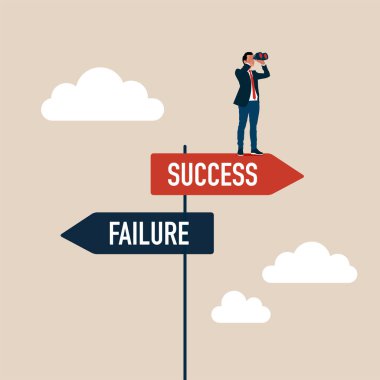 Dürbün, başarı ve başarısızlık levhası olan takım elbiseli iş adamı