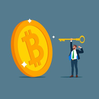 İş adamı anahtar ve bitcoin vektör illüstrasyonunu tutuyor