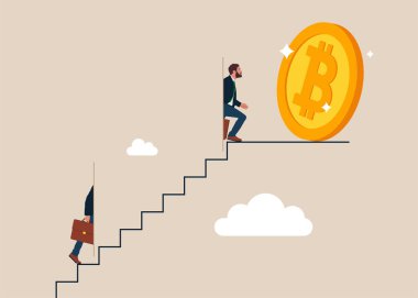 İşadamı Bitcoin 'in merdivenlerine tırmanıyor, düz vektör tasarımı