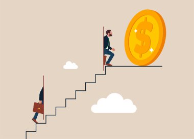 İşadamı altın parayla merdivenlerden çıkıyor.