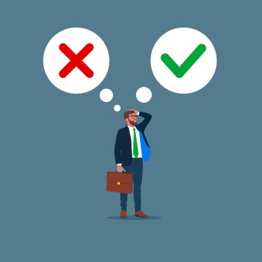 Thinking businessman with speech bubbles choosing option between yes and no. Choice, problem and decision concept. Flat vector illustration.