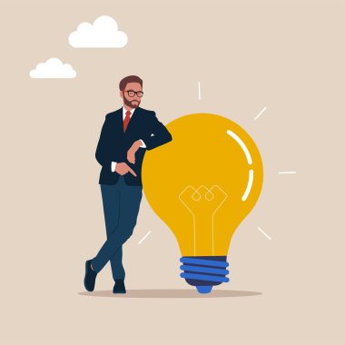  Büyük bir fikri ya da ampulü olan bir iş adamı. Beyin fırtınası yaratıcı ve yenilikçi bir fikir. Düz vektör illüstrasyonu.