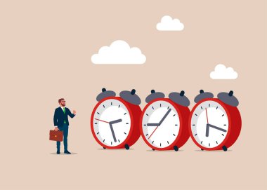  İş adamından zamanı kontrol etmeye. Başarılı zaman yönetimi. Nasıl zaman geçireceğini bilmek. Düz vektör illüstrasyonu.