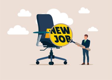  Büyüteçle iş adamı boş yer arıyor. İş arama, istihdam, kariyer, adaylar, şirketler, iş başvurusu. Modern düz vektör illüstrasyonu. 