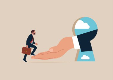 Elinde evrak çantası olan bir işadamı anahtar deliğinden geçiyor, düz vektör tasarımı.