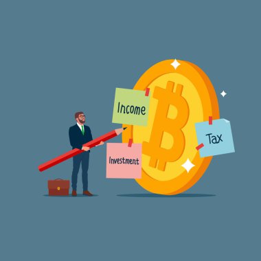 İş adamı dev altın sikkenin masraflarını bölüşüyor. Gelir, yatırım, vergi üstüne gelir. Modern düz vektör illüstrasyonu.