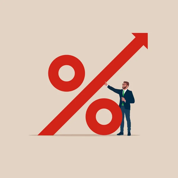 Businessman Push Percent Arrow Increasing Interest Rate Market Flat Vector — Vector de stock