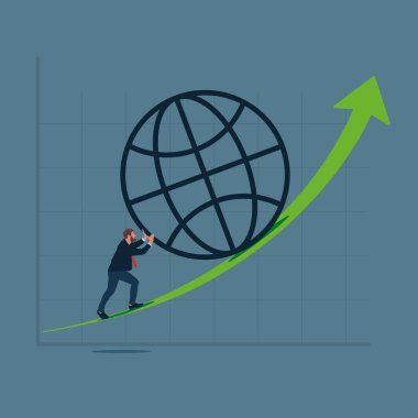 Yeşil okla Dünya 'yı iten iş adamı, düz vektör tasarımı
