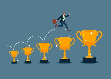 iş başarısı ve başarı konsepti. Vektör çizimi. İş adamı altın ödüllere atlıyor.