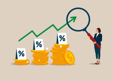 Bozuk paralar ve büyüteç vektör tasarımlı iş kadını