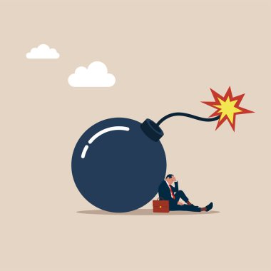  Genç, bombanın üzerinde oturan mutsuz iş adamının kendini güvensiz ve umutsuz hissettiğini vurguladı. Düz biçimli modern vektör illüstrasyonu