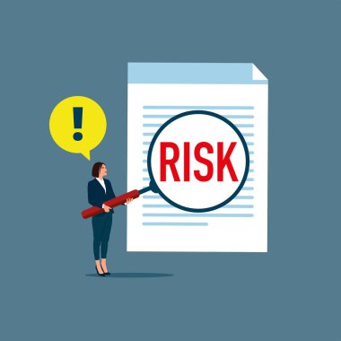  Büyüteci olan ve ünlem işareti olan bir kız. Kök analize ve problem çözmeye neden olur, risk analizi değerlendirmesi. Düz biçimli modern vektör illüstrasyonu