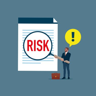  Büyüteci olan adam ünlem işareti ile olayı araştırıyor. Kök analize ve problem çözmeye neden olur, risk analizi değerlendirmesi. Düz biçimli modern vektör illüstrasyonu