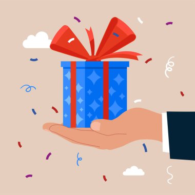 Hediye kutusu ve konfeti. Düz vektör çizimi. doğum günü ve yıldönümü.