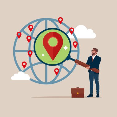 İş adamı elinde büyüteçle lokasyon iğneleriyle küreye bakıyor. vektör illüstrasyonu.