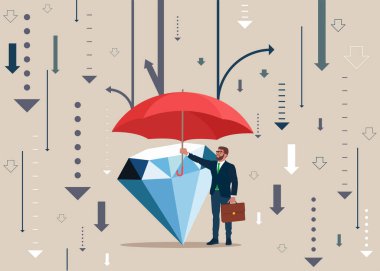  Şemsiye altında elmas. İş gelirleri koruması. Düz modern vektör illüstrasyonu