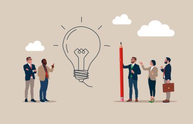 Kalem çizen iş adamları ampul, fikir kavramı 