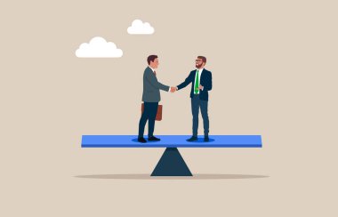  İş adamları, denge konusunda başarı müzakereleriyle tokalaşıyorlar. İş görüşmeleri, anlaşma, birleşme ve satın alma. Düz vektör illüstrasyonu. 