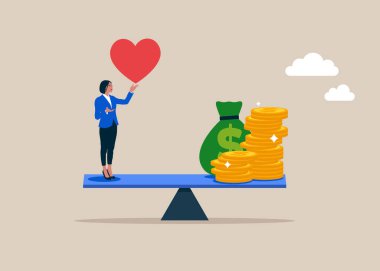 Hayatı ve işi dengelemek. Tartlar üzerinde çalışan bir iş kadını. İş konsepti. Düz biçimli modern vektör illüstrasyonu